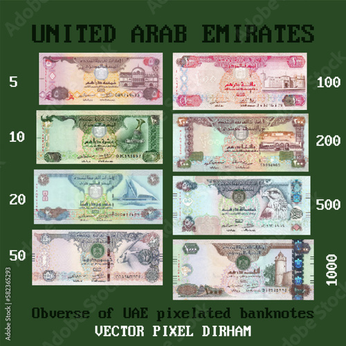 Vector set of United Arab Emirates paper pixelated, mosaic banknotes. Obverse denominations from 5 to 1000 dirhams. Part one.