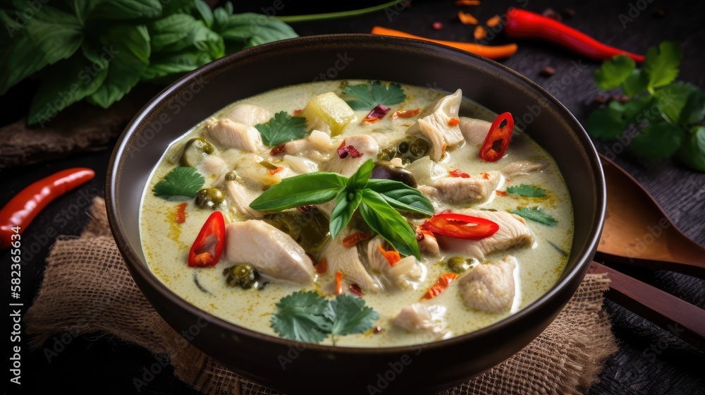 Thai food chicken green curry on dark wooden background. Generative AI Technology