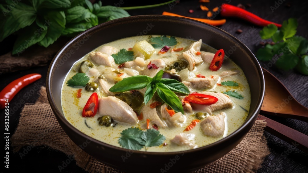 Thai food chicken green curry on dark wooden background. Generative AI Technology Thai food chicken green curry on dark wooden background. Generative AI Technology