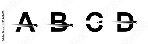 Vector graphic letter alphabet in a set A, B, C, D with black speeding racing bike logo