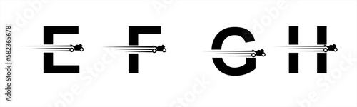 Vector graphic letter alphabet in a set E, F, G, H with black speeding racing bike logo