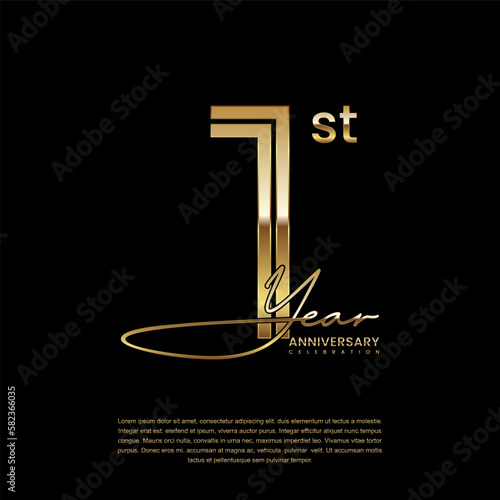 1st anniversary logo with gold color double line style. Line art design. Logo Vector Illustration