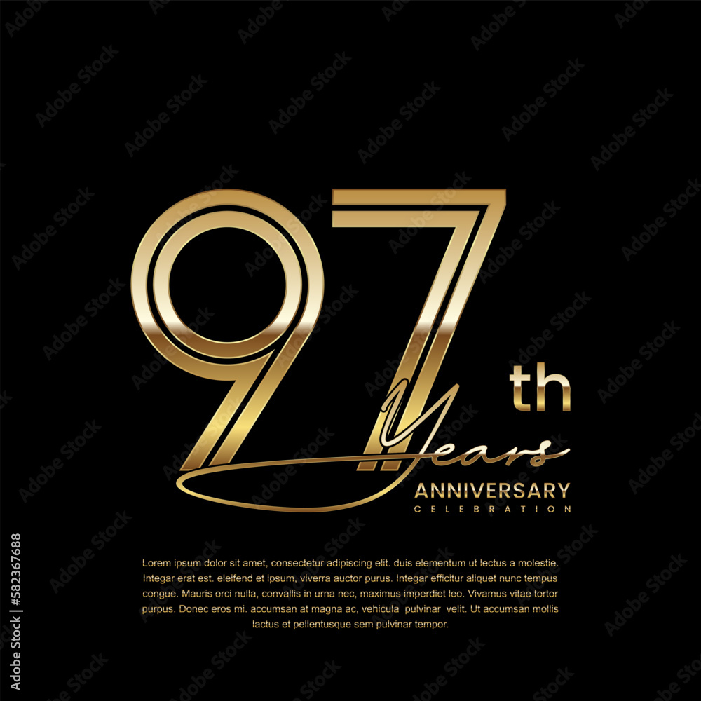 97th anniversary logo with gold color double line style. Line art design. Logo Vector Illustration 97th anniversary logo with gold color double line style. Line art design. Logo Vector Illustration