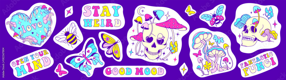 Sticker set. Groovy hippie set of badges with mushrooms, fun skull, naive style spring butterflies and careless slogans.Retro crazy 60s, 70s psychedelic and positive fungies, vibrant positive vibe. Sticker set. Groovy hippie set of badges with mushrooms, fun skull, naive style spring butterflies and careless slogans.Retro crazy 60s, 70s psychedelic and positive fungies, vibrant positive vibe.