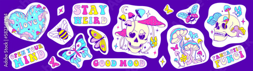 Sticker set. Groovy hippie set of badges with mushrooms, fun skull, naive style spring butterflies and careless slogans.Retro crazy 60s, 70s psychedelic and positive fungies, vibrant positive vibe.