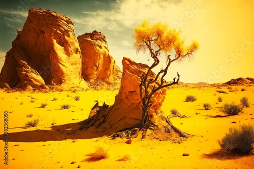 beaful landscape of majestic rocks of hot yellow lifeless desert and lonely trees, created with generative ai photo