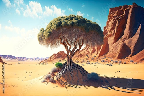 beaful living lonely tree in hot desert surrounded by sand and low cliffs, created with generative ai photo