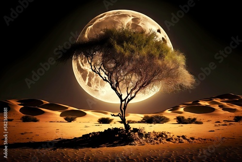 lonely thin tree and full beaful moon in night sky of desert, created with generative ai photo