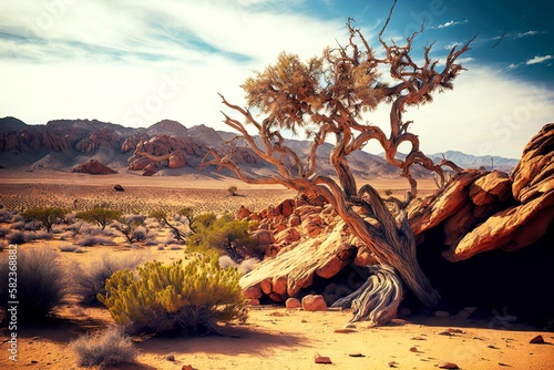 beaful dead tree with small bushes around against backdrop of rocks in desert, created with generative ai photo