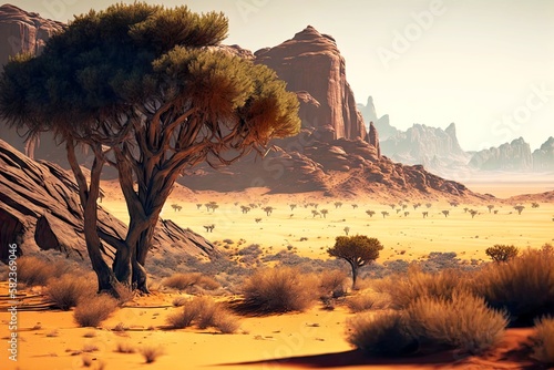 beaful lonely sprawling trees in vastness of desert against background of high cliffs, created with generative ai photo