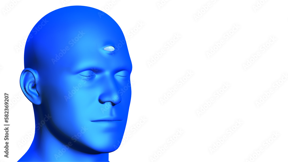 ThirdEye of Blue Digital Human isolated on white background. Three-quarter view of 3d character Close-up of closed eyes and third eye on the forehead.