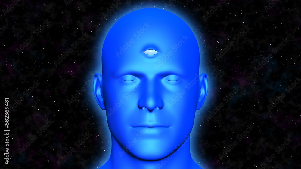 ThirdEye of Blue Digital Man in stars and cloud background. Front view of 3d character Close-up of closed eyes and third eye on the forehead.