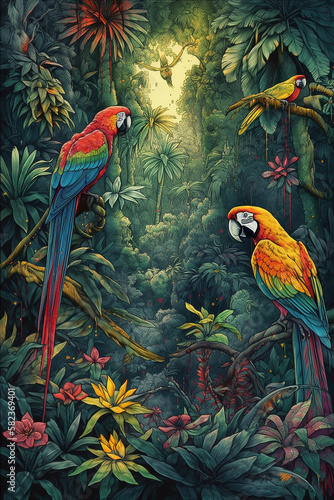 Drawing of a South Amnerican jungle with colorful flowers and macaw birds..  Generative AI. © Inge