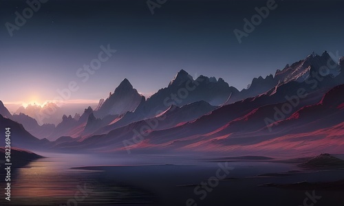 Skaliste góry oświetlone delikatnym światłem brzasku, wschodzące słońce, światło pierwszych promieni, niebo w kolorze wczesnego poranku, w dolinie spokojna woda. Wygenerowany przy pomocy AI. photo
