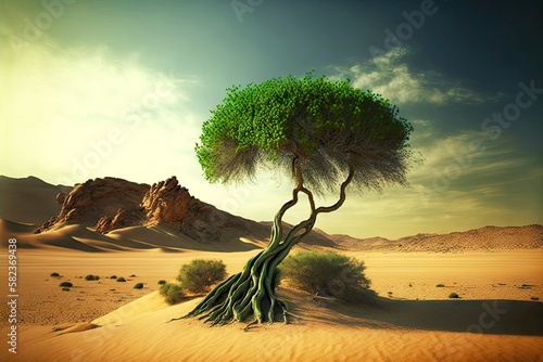 beaful pernicious desert and lonely struggling green tree, created with generative ai photo