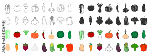 Fototapeta Naklejka Na Ścianę i Meble -  Vegetable icons.  Cabbage, Chinese cabbage, chili pepper, tomato, leeks, pumpkin, onion, potato, carrot, beet, garlic, eggplant, corn, broccoli, pepper, paprika.
