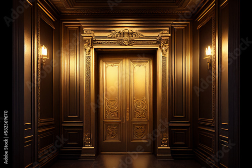 Antique style, hall and doors of a classic elevator in an old-fashioned hotel or palace.