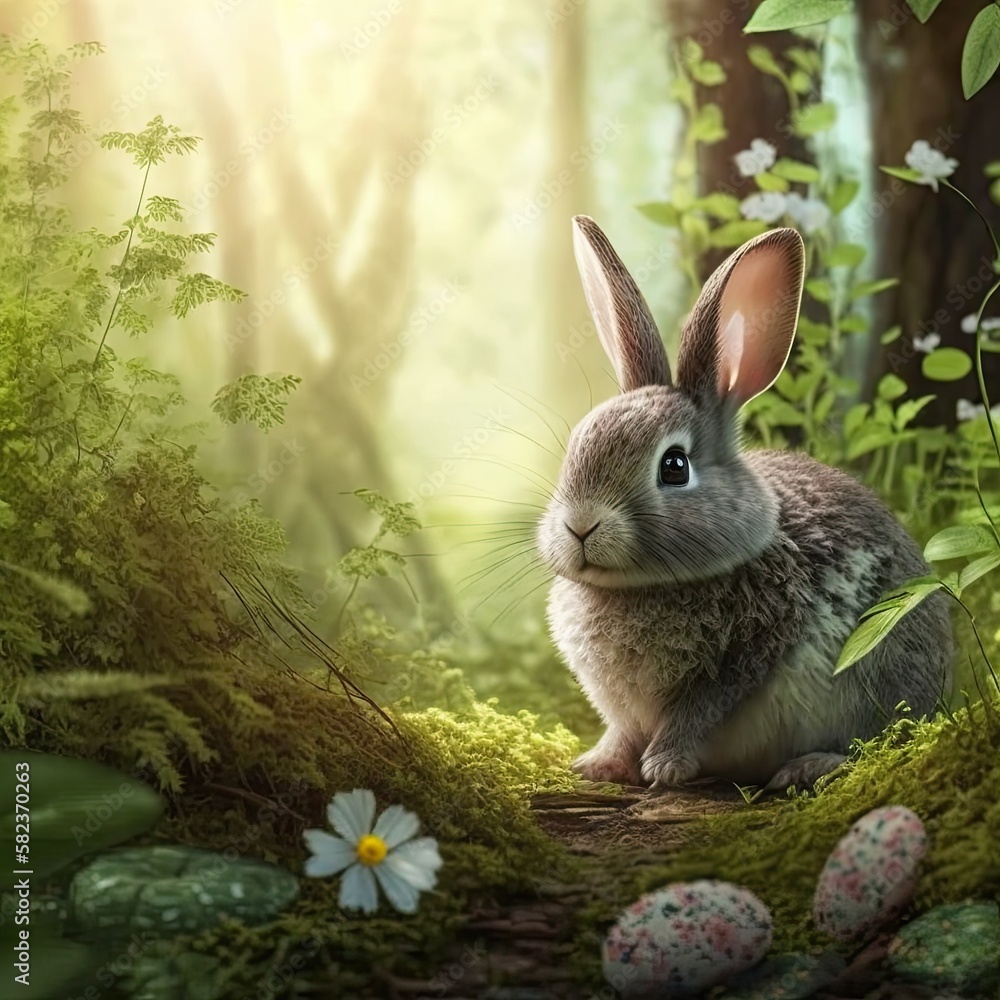 cute rabbit in a spring forest . Generative AI. cute rabbit in a spring forest . Generative AI.