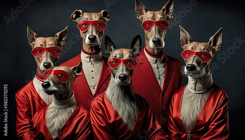 group of_dogs wearing red jumpsuits . Generative AI.