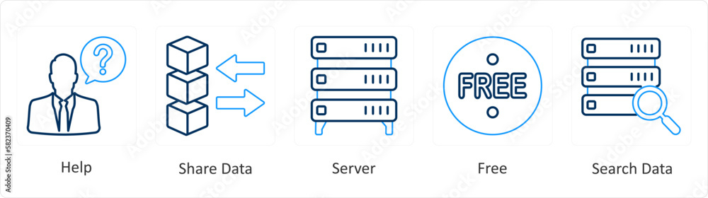 A set of 5 mix icons as help, share data, server A set of 5 mix icons as help, share data, server