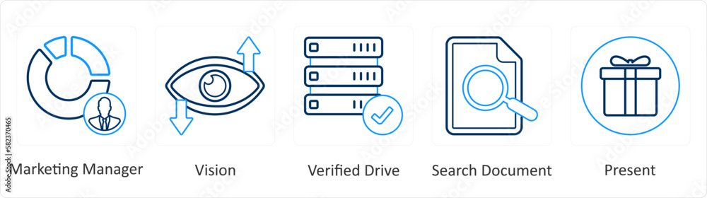 A set of 5 mix icons as marketing manager, vision, verified drive A set of 5 mix icons as marketing manager, vision, verified drive