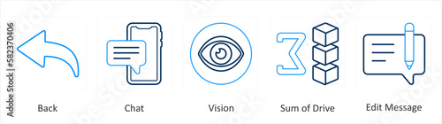 A set of 5 mix icons as back, chat, vision, sum of drive
