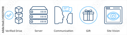A set of 5 mix icons as verified drive, server, communication