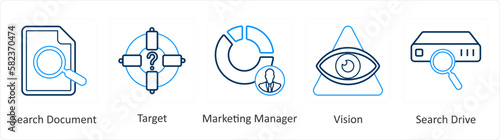 A set of 5 mix icons as search document, target, marketing manager