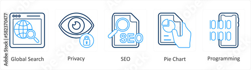 A set of 5 mix icons as global search, privacy, seo