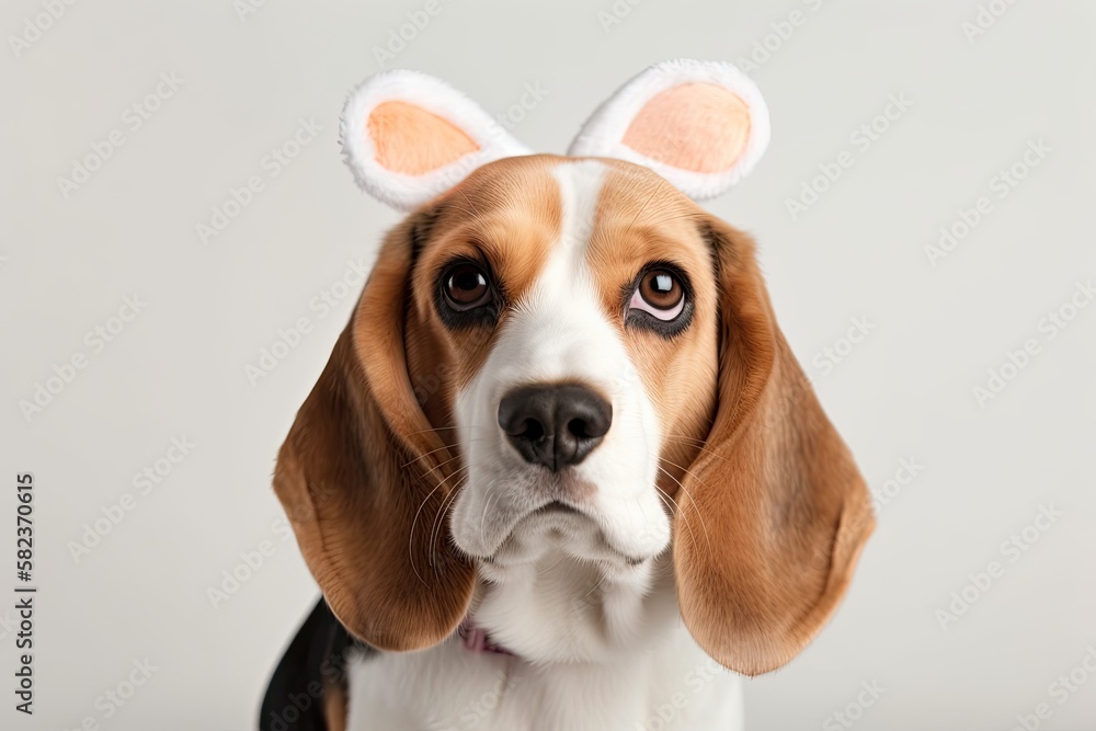 Funny portrait of Beagle dog with easter bunny ears isolated on white background - ai generated. Easter holidays concept