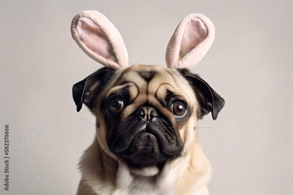 Funny portrait of Pug dog with easter bunny ears isolated on white background - ai generated. Easter holidays concept