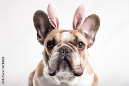 Funny portrait of Bulldog dog with easter bunny ears isolated on white background - ai generated. Easter holidays concept