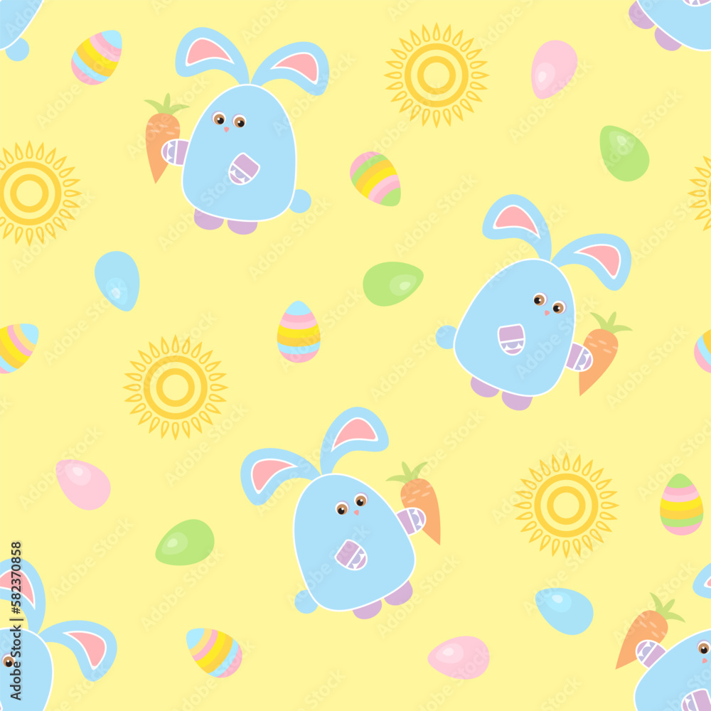 Obraz premium Easter seamless pattern. Cute bunnies with carrots, multi-colored Easter eggs and the sun on a yellow background.