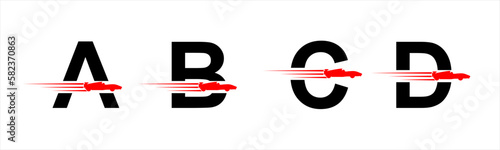 Vector graphic letter alphabet in a set A, B, C, D with red speeding racing car logo