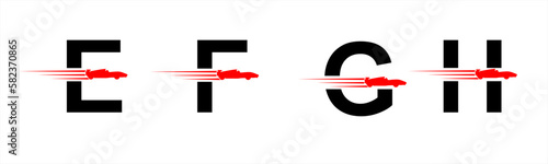 Vector graphic letter alphabet in a set E, F, G, H with red speeding racing car logo