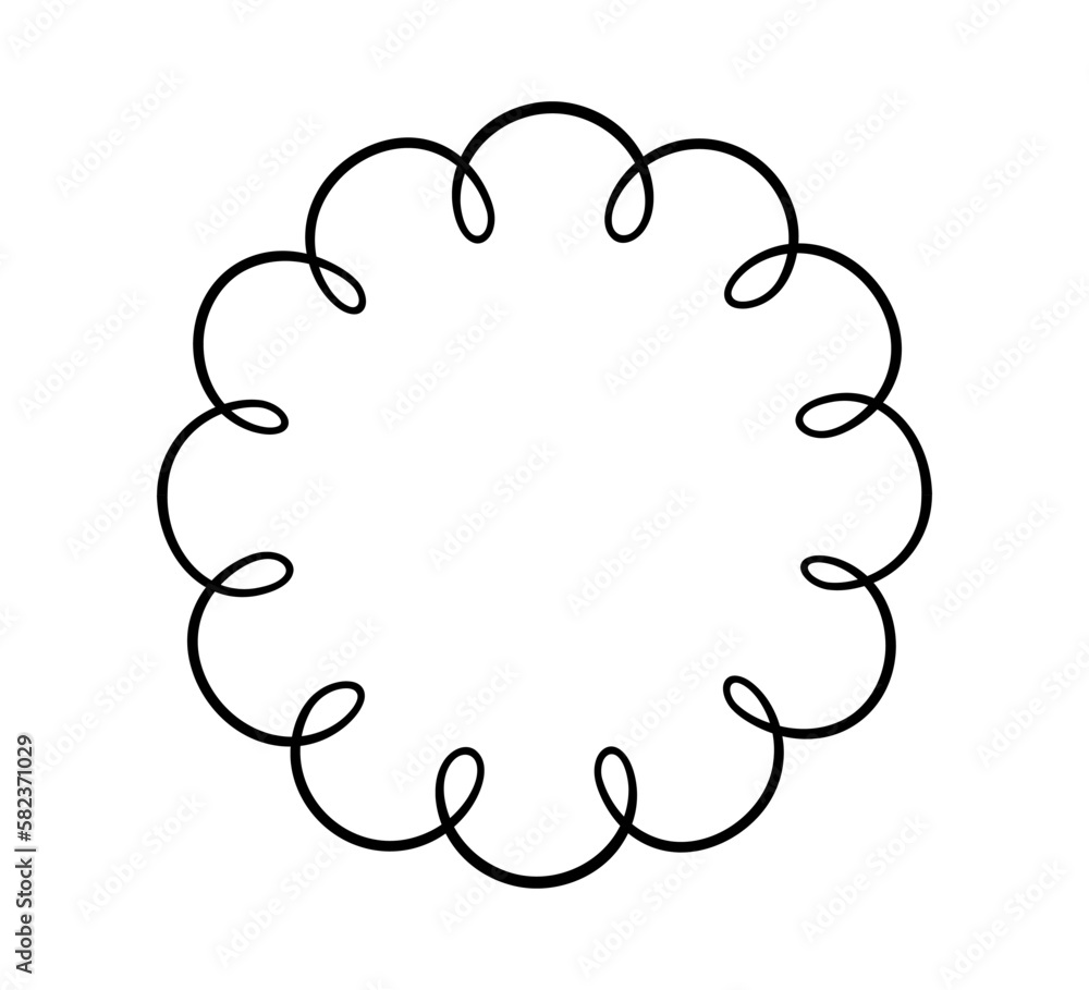 Doodle circle scalloped frame. Hand drawn scalloped edge ellipse shapes. Simple round label form. Flower silhouette lace frame. Vector illustration isolated on white background. Doodle circle scalloped frame. Hand drawn scalloped edge ellipse shapes. Simple round label form. Flower silhouette lace frame. Vector illustration isolated on white background.