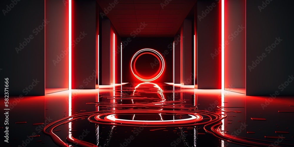 Illustration of a dark corridor with a circular red laser neon electric frame on a floor covered in water's liquid ripples. Generative AI - obrazy, fototapety, plakaty 