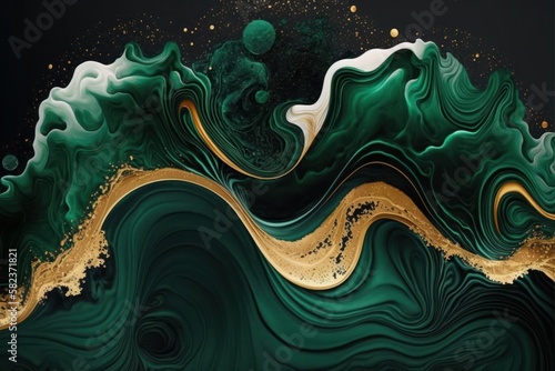A green and blue abstract background with a gold swirl