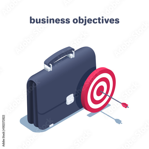 isometric vector illustration isolated on white background, briefcase and target with an arrow in the center, business objectives