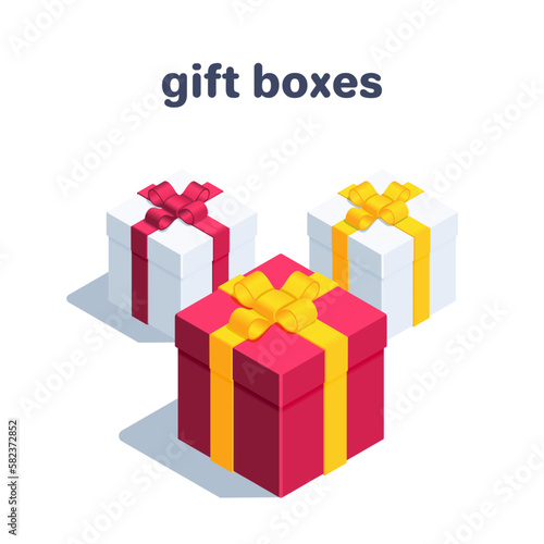 isometric vector illustration isolated on white background, gift boxes with ribbons and bow set