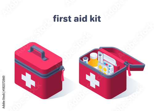 isometric vector illustration isolated on white background, open and closed first aid kit icon with medicines