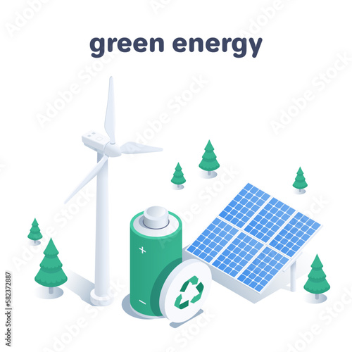 isometric vector illustration on a white background, a wind generator next to a solar panel and a large green battery and a regeneration sign, green energy