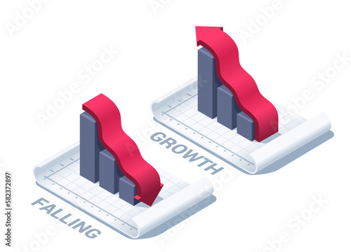 isometric vector illustration isolated on white background, column charts with red arrow going up and down, falling and growth or economic indicators