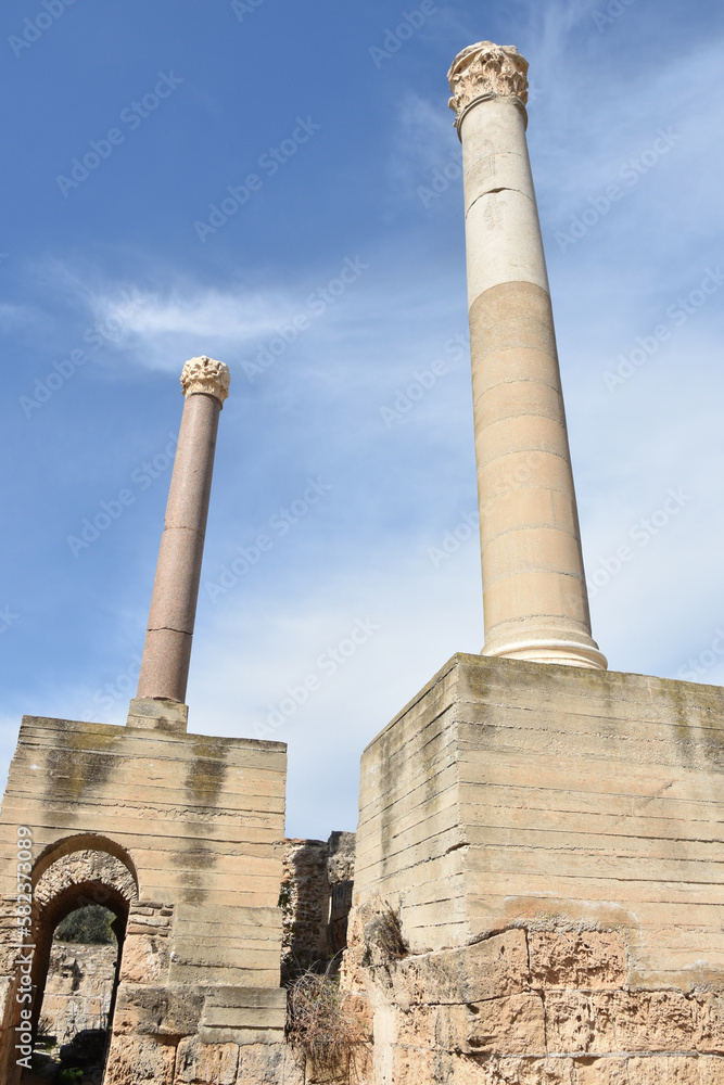 Two Columns on Partially Reconstructed Foundations at Baths of Antoninus, Carthage