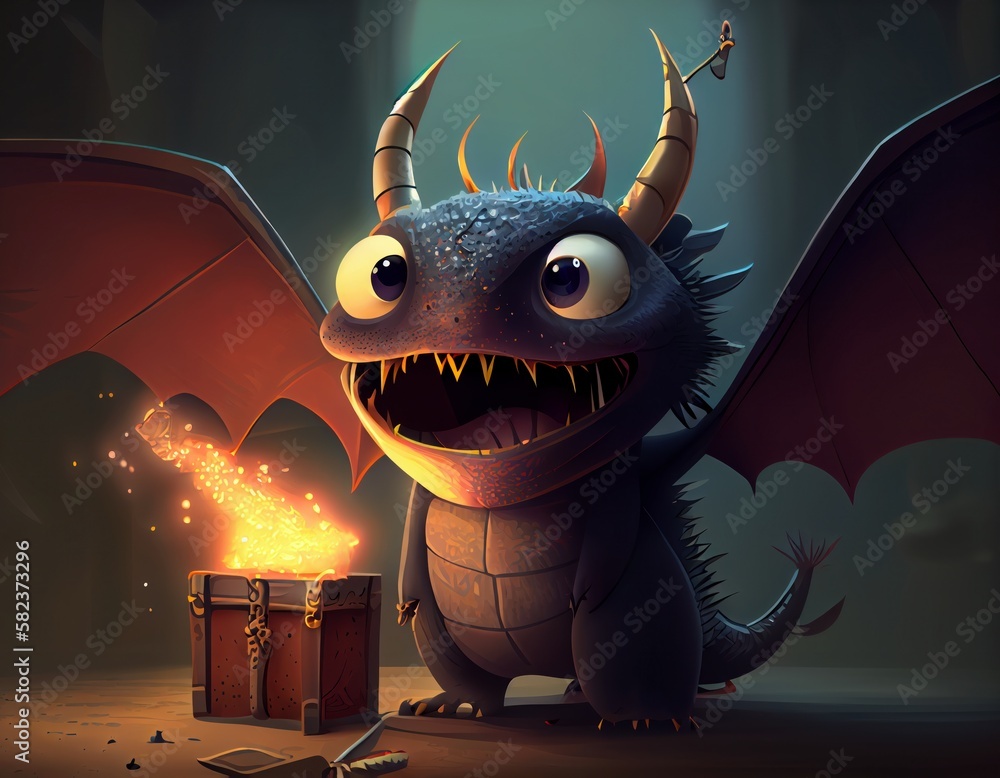 cartoon dragon by a burning chest with a fire coming, cute adorable big