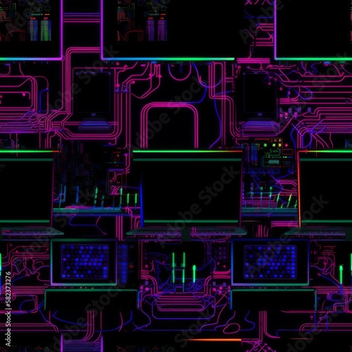 Seamless pattern with neon colored computer circuits. Made with Generative AI.