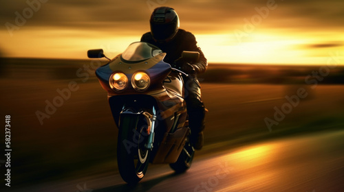 Riding motorbike at sunset, golden hour, Generative AI.