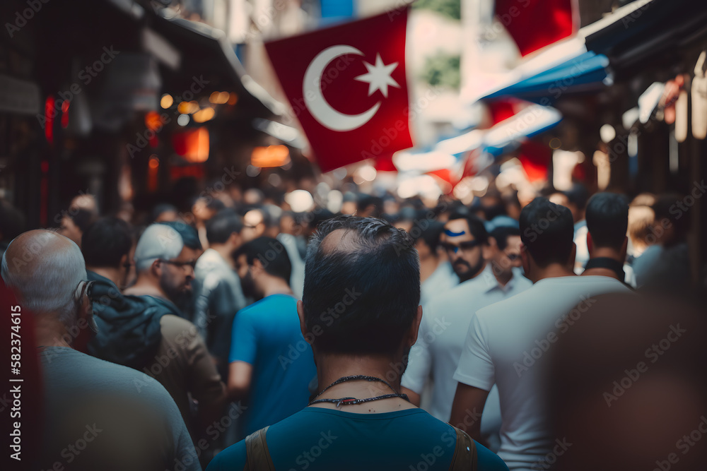 Crowd of people walk through the streets of a Turkish city with the national flag. Generative AI
