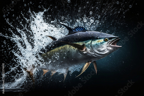 Illustration of Tuna fish in sea water emits air bubbles, international world tuna day generated by Ai © Rattanapon