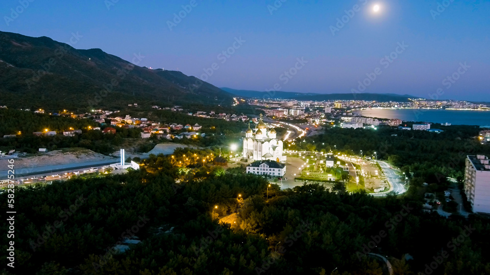 Gelendzhik, Russia. Cathedral of St. Andrew the First-Called. Andreevsky park. Night time, Aerial View